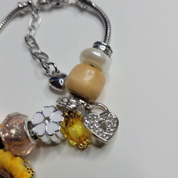 NWT Pandora Style Charm Bracelet Sunflower Power Yellow, Gold, Flowers, Bees Lg - Picture 3 of 6